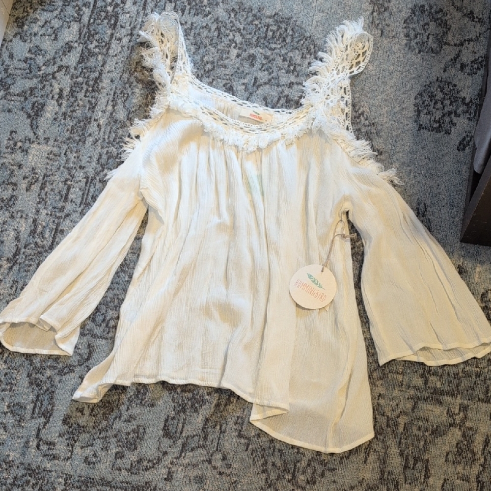 Hummingbird Cream Lace Accent Women's Blouse